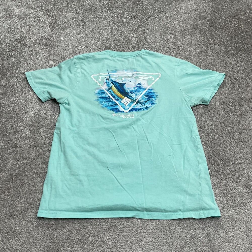 Columbia PFG Graphic T-Shirt Mens Medium Green Crew Neck Short Sleeve Cotton Tee